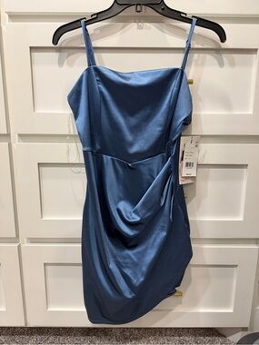 Honey and Rosie Blue Satin Mini Dress with Draped Side